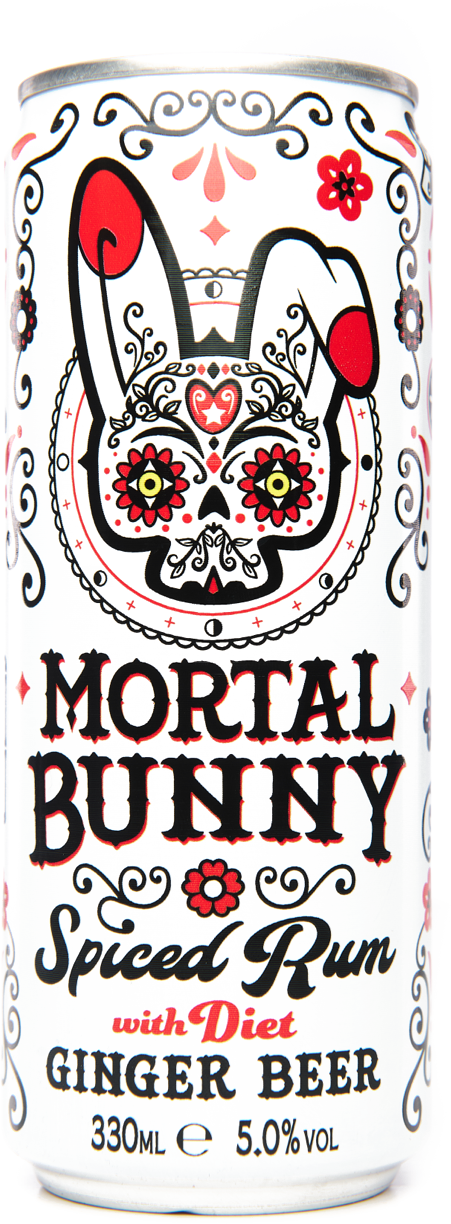 Mortal Bunny Spiced Rum with Diet Ginger Beer — single can shown; sold as case of 12